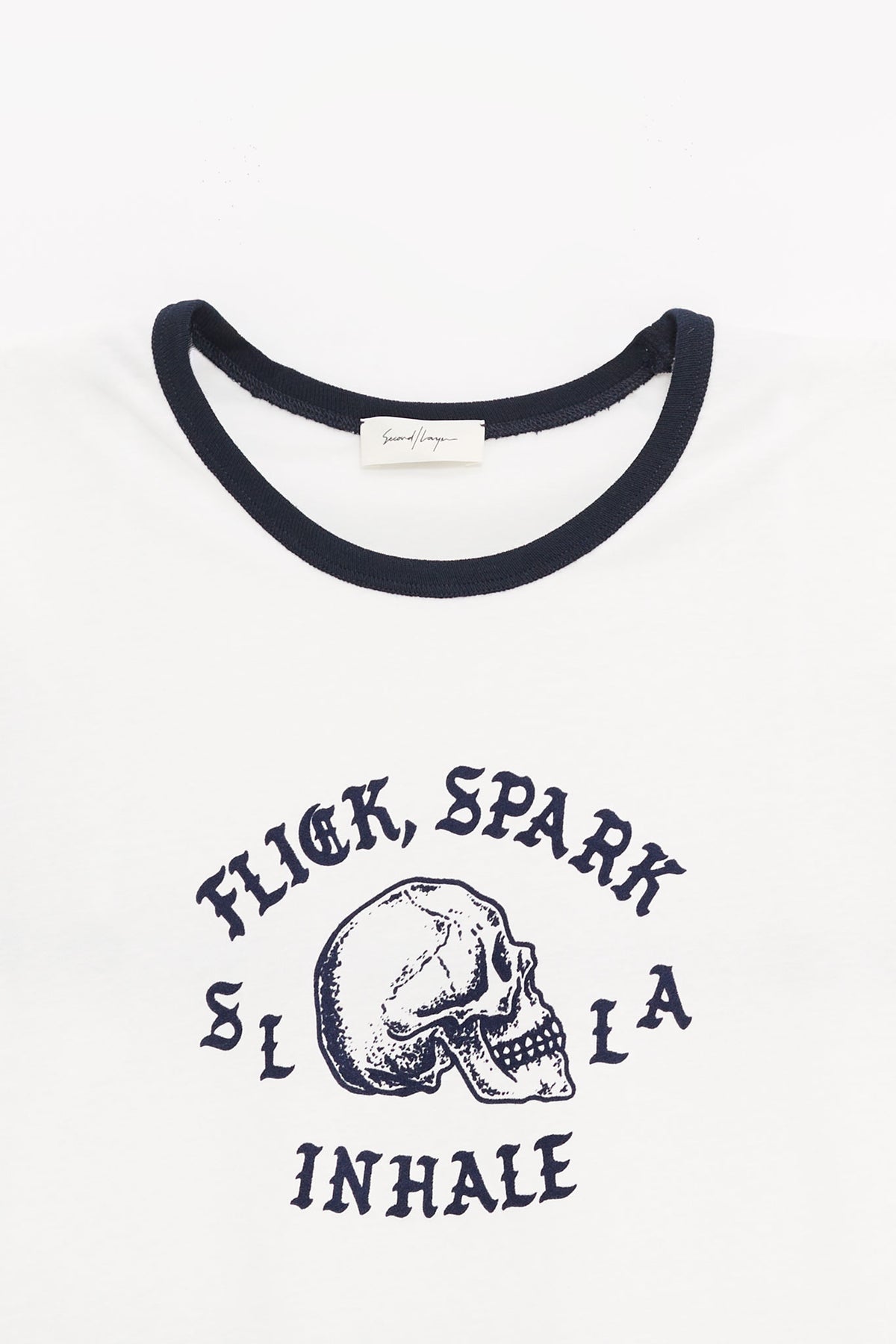 SECOND LAYER WHITE NAVY FLICK SPARK INHALE RINGER T SHIRT