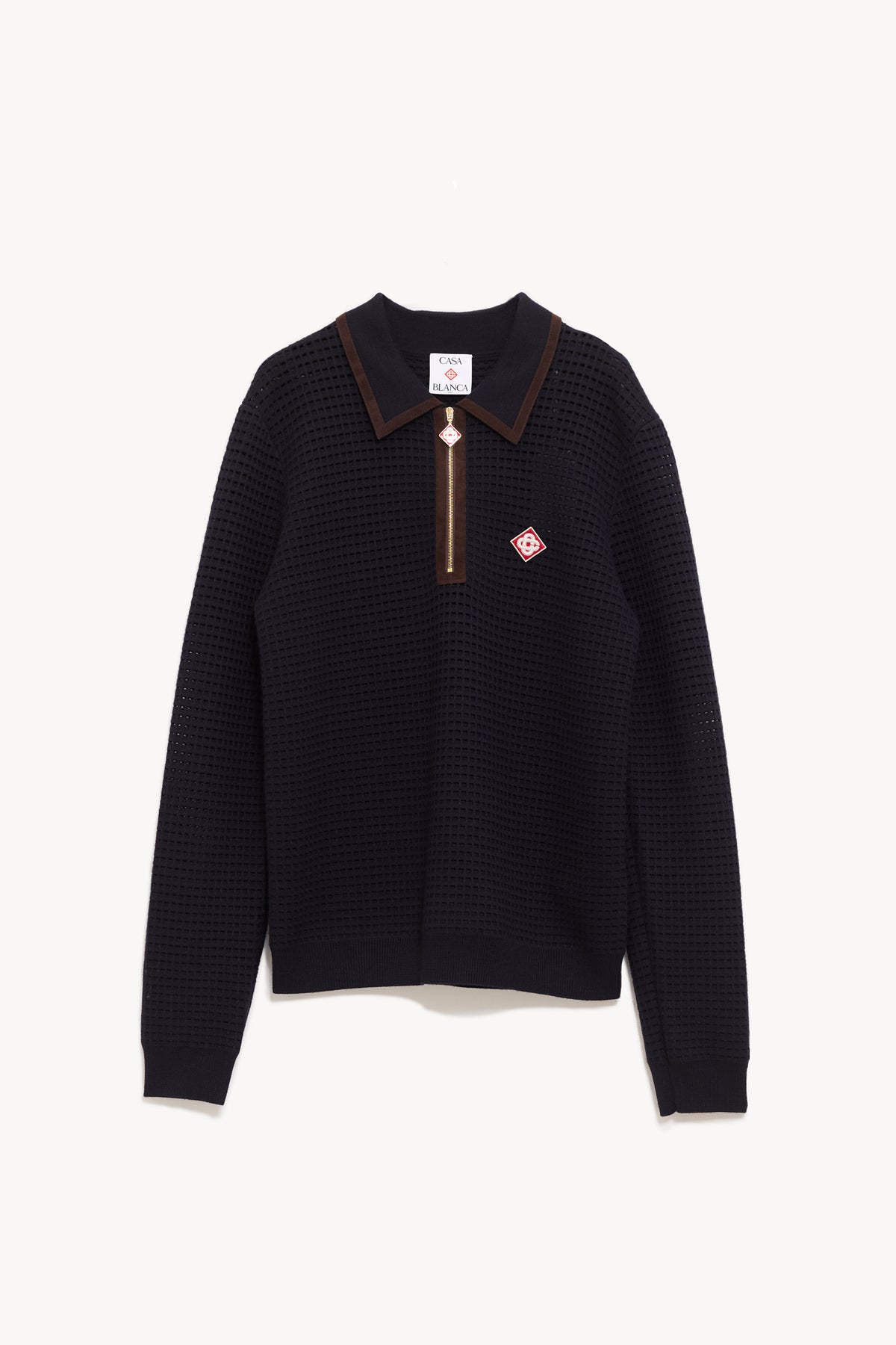 CASABLANCA NAVY WAFFLE STITCH LS POLO SHIRT