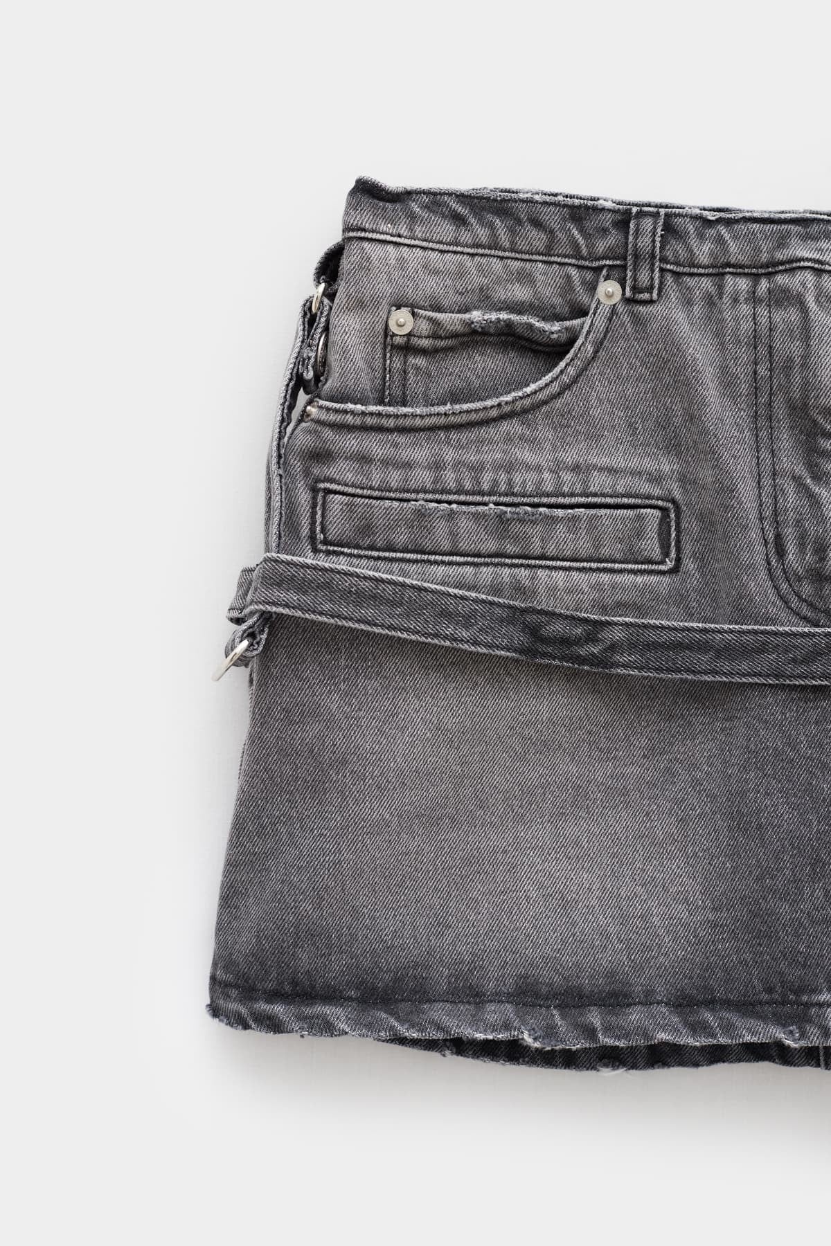 COURREGES STONEWASHED GREY STRAP DENIM MINI SKIRT