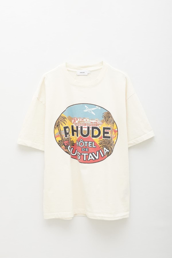 RHUDE VINTAGE WHITE HOTEL DE GUSTAVIA T-SHIRT IAMNUE