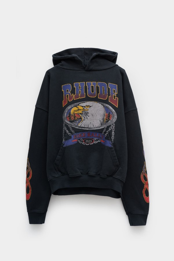 RHUDE VINTAGE BLACK SCREAMING EAGLE HOODIE IAMNUE