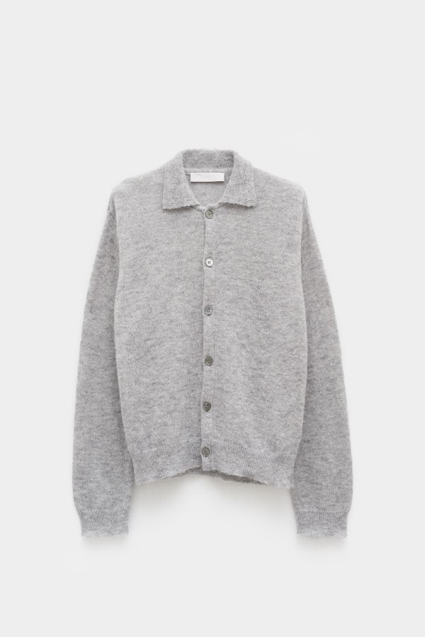 OUR LEGACY DUST MELANGE FUZZY ALPACA EVENING POLO CARDIGAN IAMNUE