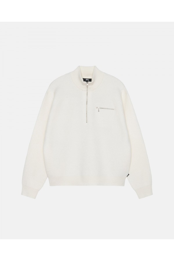 STUSSY IVORY HALF ZIP MOCK NECK SWEATER IAMNUE