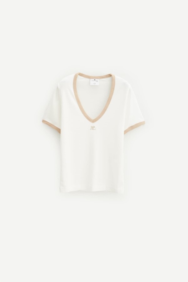 COURREGES WHITE HERITAGE SAND CONTRAST V NECK T-SHIRT IAMNUE