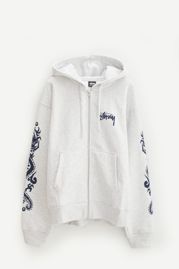 STUSSY ASH HEATHER DRAGONS ZIP HOODIE IAMNUE