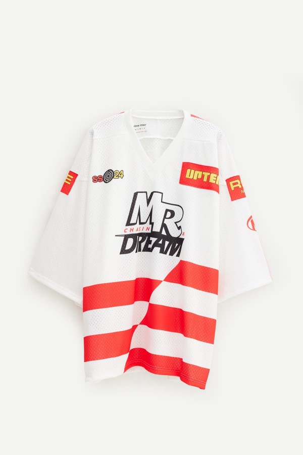 MARTINE ROSE WHITE RED OVERSIZED FOOTBALL TOP IAMNUE