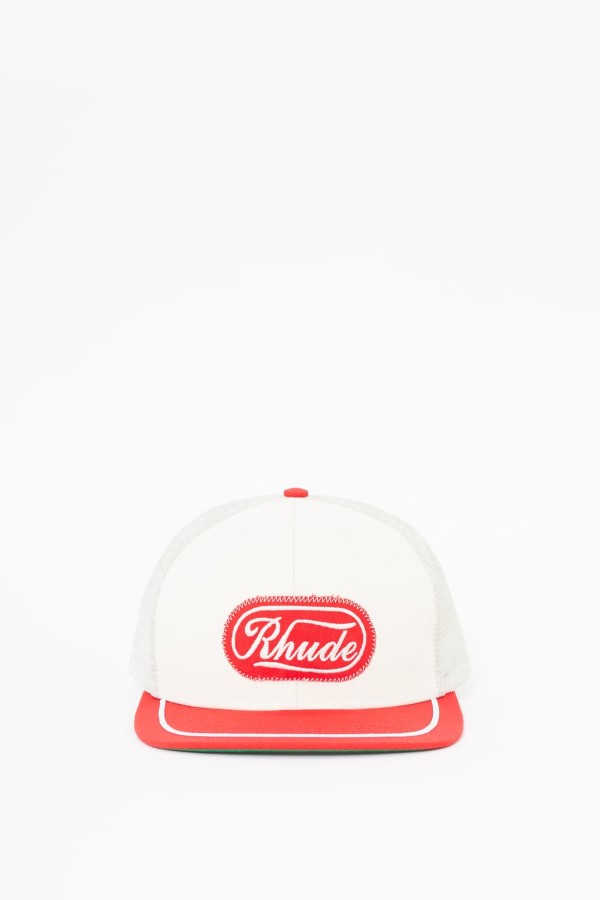 RHUDE OFF WHITE RED PATCH TRUCKER HAT IAMNUE