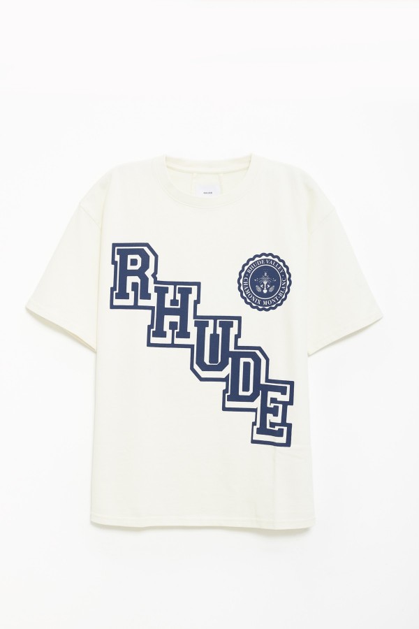 RHUDE VINTAGE WHITE COLLEGIATE CREST T-SHIRT IAMNUE