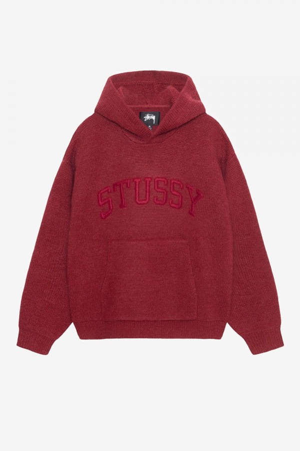 STUSSY BURGUNDY FELT PATCH KNIT HOODIE IAMNUE