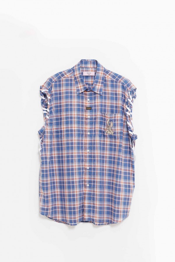MARTINE ROSE BLUE RED LACED SLEEVE OVERSHIRT IAMNUE