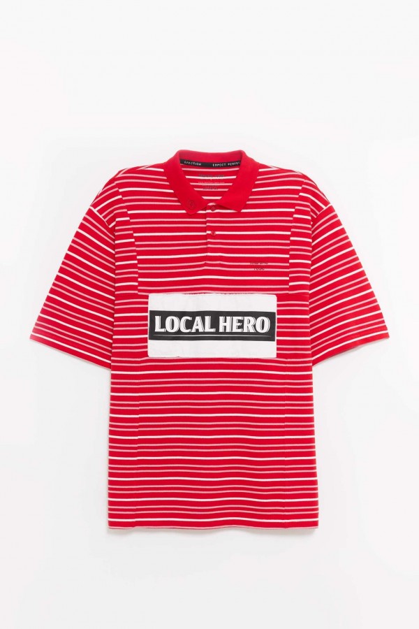 MARTINE ROSE RED WHITE STRIPE OVERSIZED PANELLED POLO IAMNUE