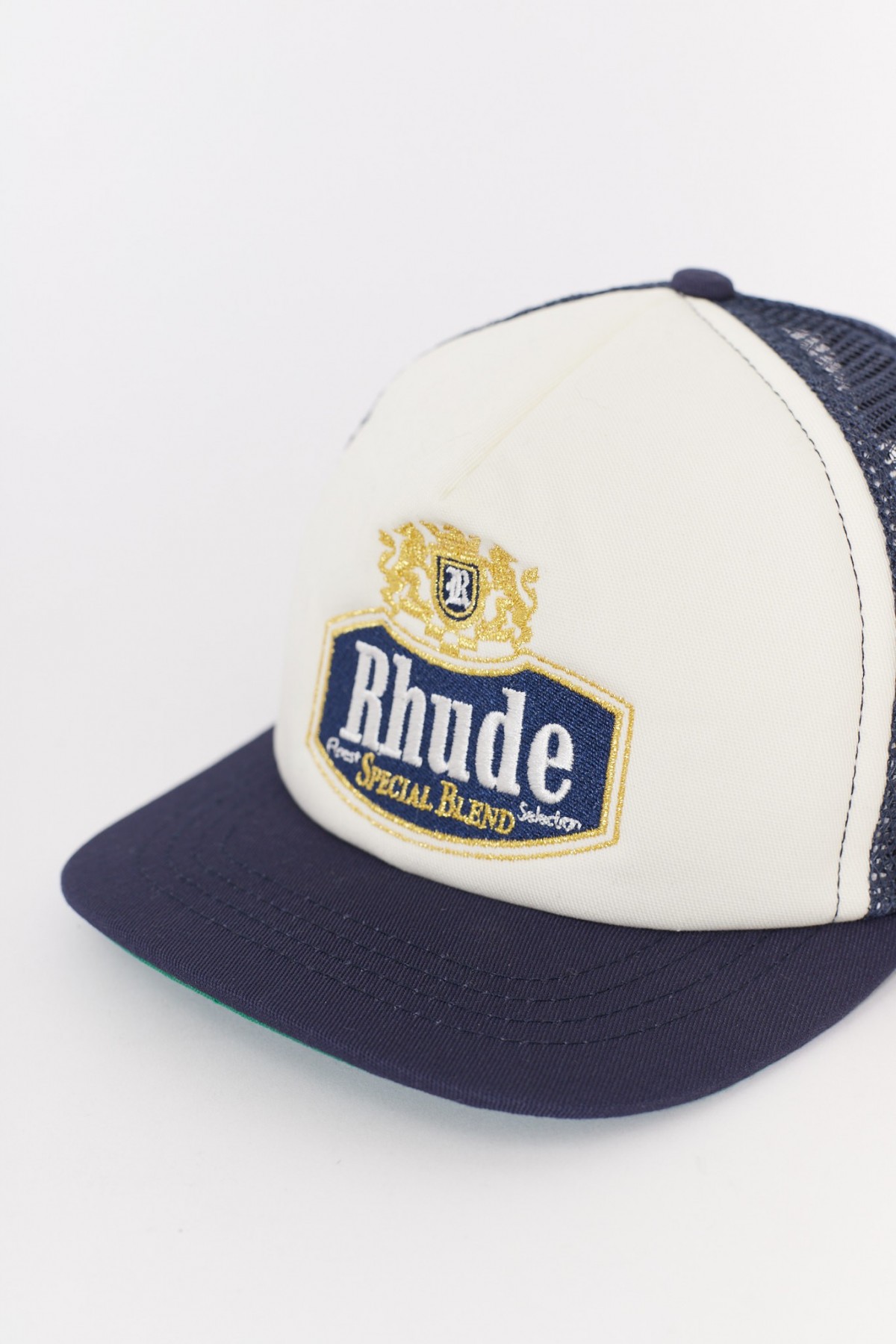 RHUDE NAVY SPECIAL BLEND TRUCKER HAT IAMNUE