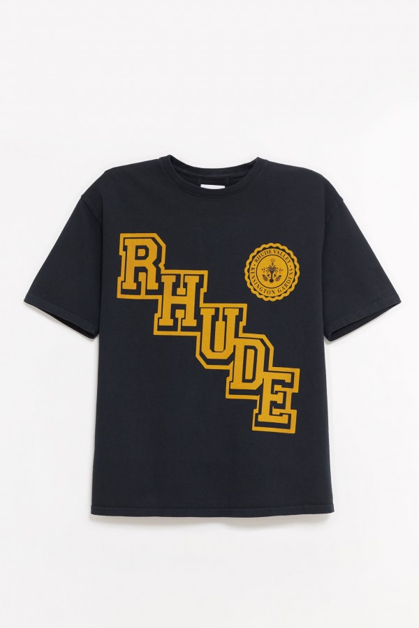RHUDE VINTAGE BLACK COLLEGIATE CREST T-SHIRT IAMNUE