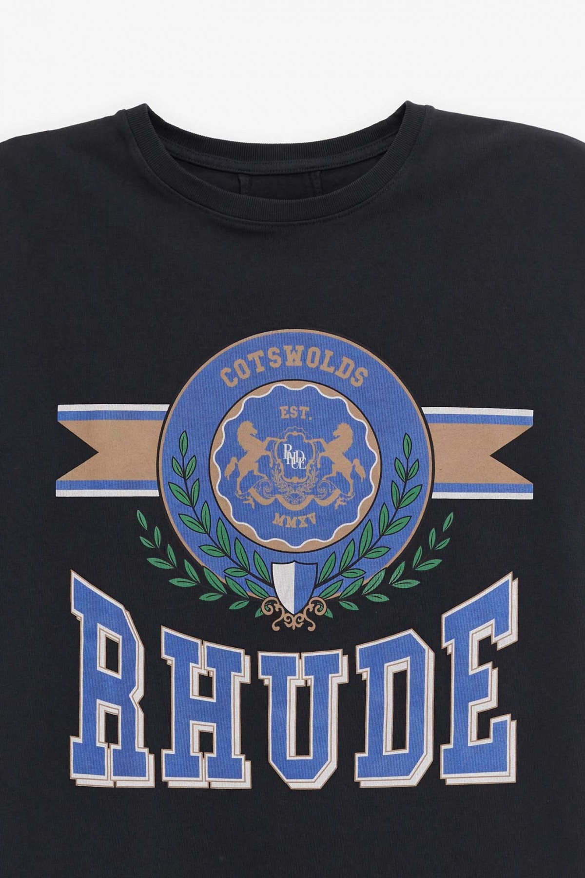 RHUDE VINTAGE BLACK COTSWOLD CREST T-SHIRT IAMNUE