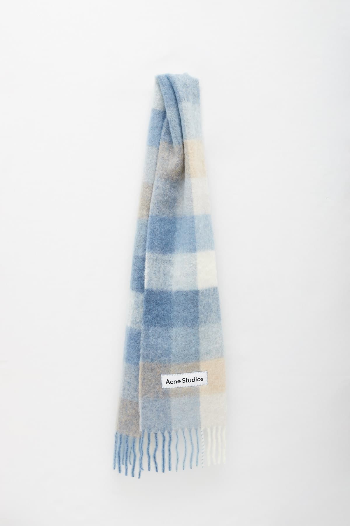 ACNE STUDIOS PASTEL BLUE BEIGE MOHAIR CHECKED SCARF IAMNUE