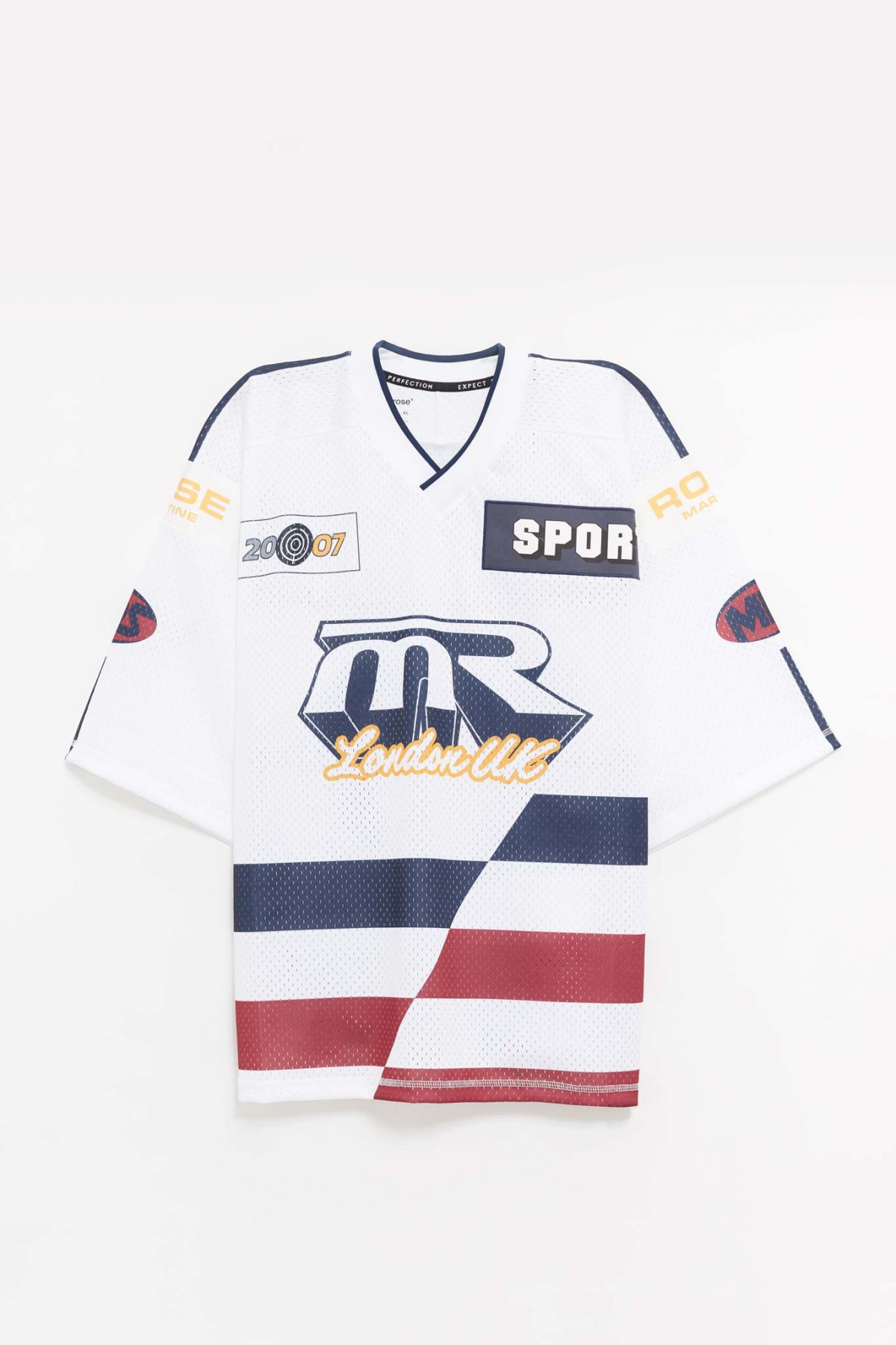 MARTINE ROSE WHITE NAVY OVERSIZED HOCKEY T-SHIRT IAMNUE