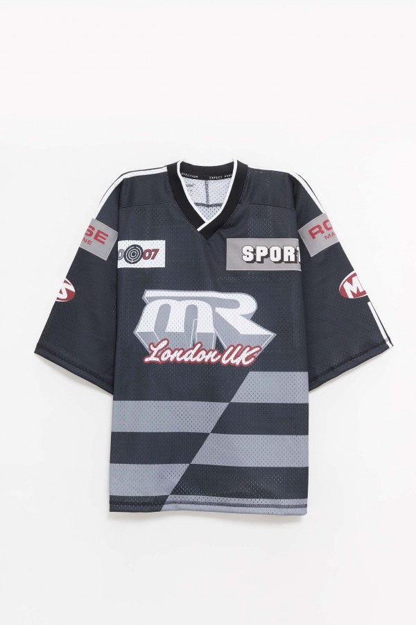 MARTINE ROSE BLACK GREY OVERSIZED HOCKEY T-SHIRT IAMNUE