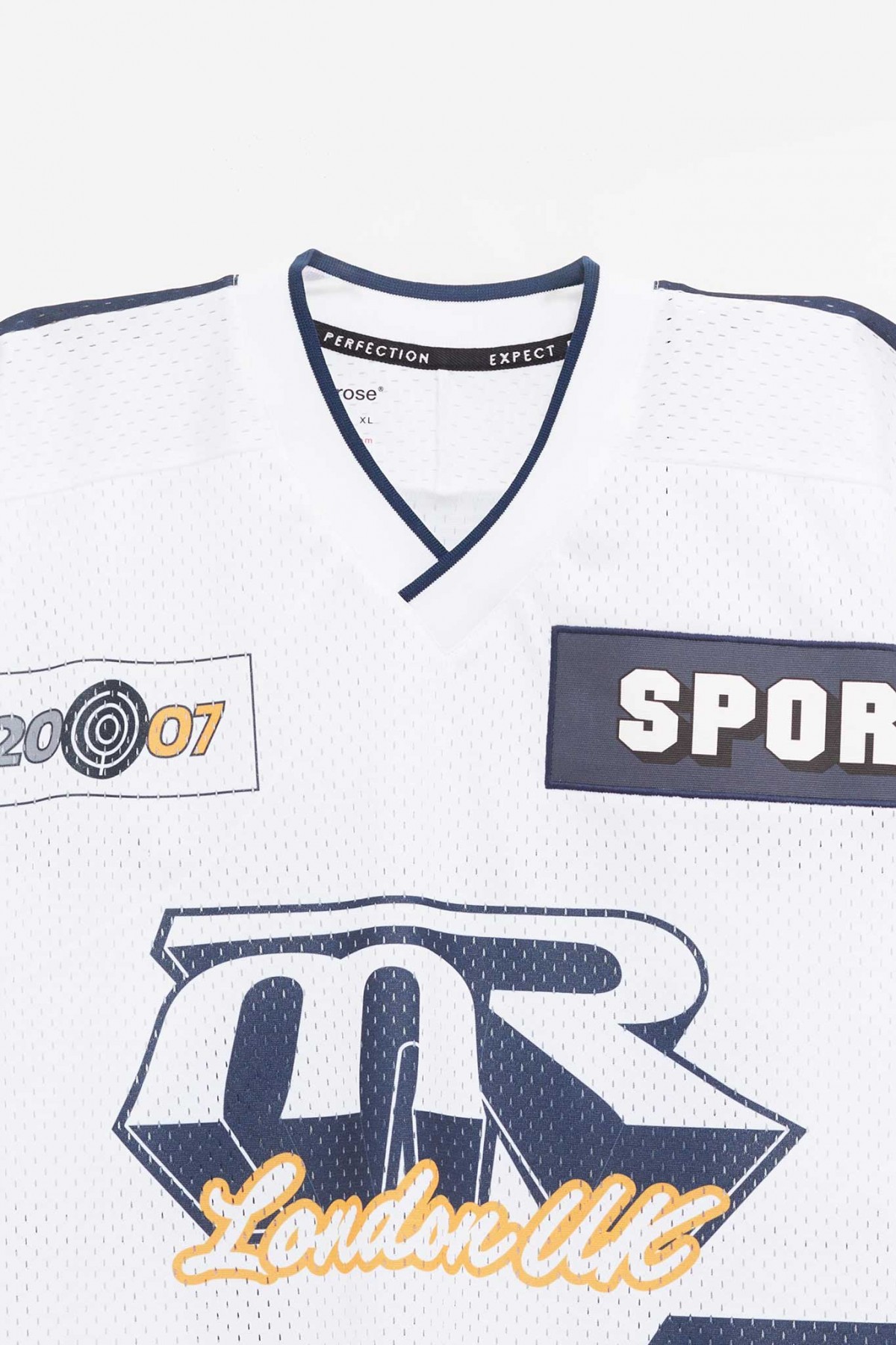 MARTINE ROSE WHITE NAVY OVERSIZED HOCKEY T-SHIRT IAMNUE