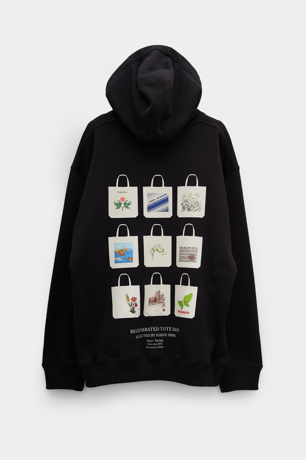 MARINE SERRE BLACK TOTE BAG LOGO PRINT ORGANIC FLEECE HOODIE | IAMNUE