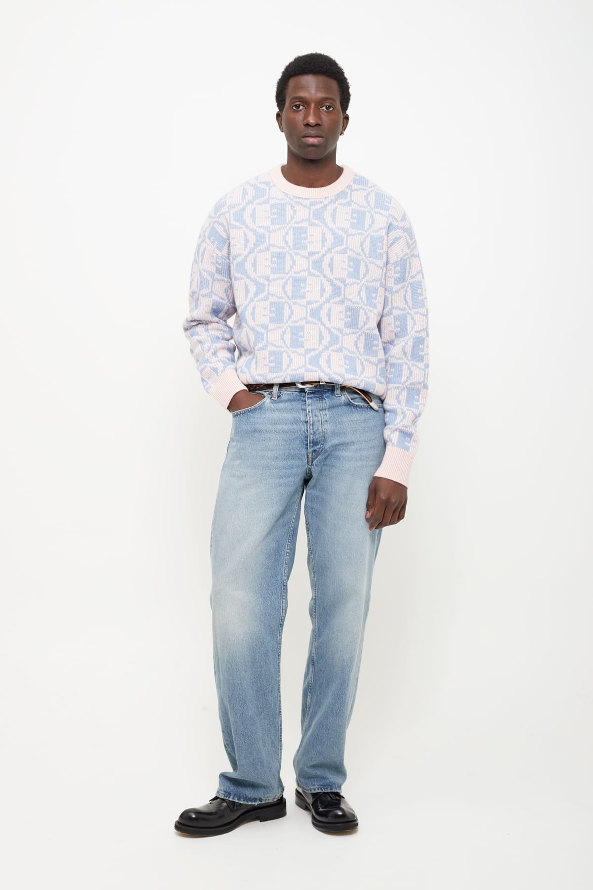 ACNE STUDIOS FADED PINK BLUE FACE ALL OVER SWEATER IAMNUE