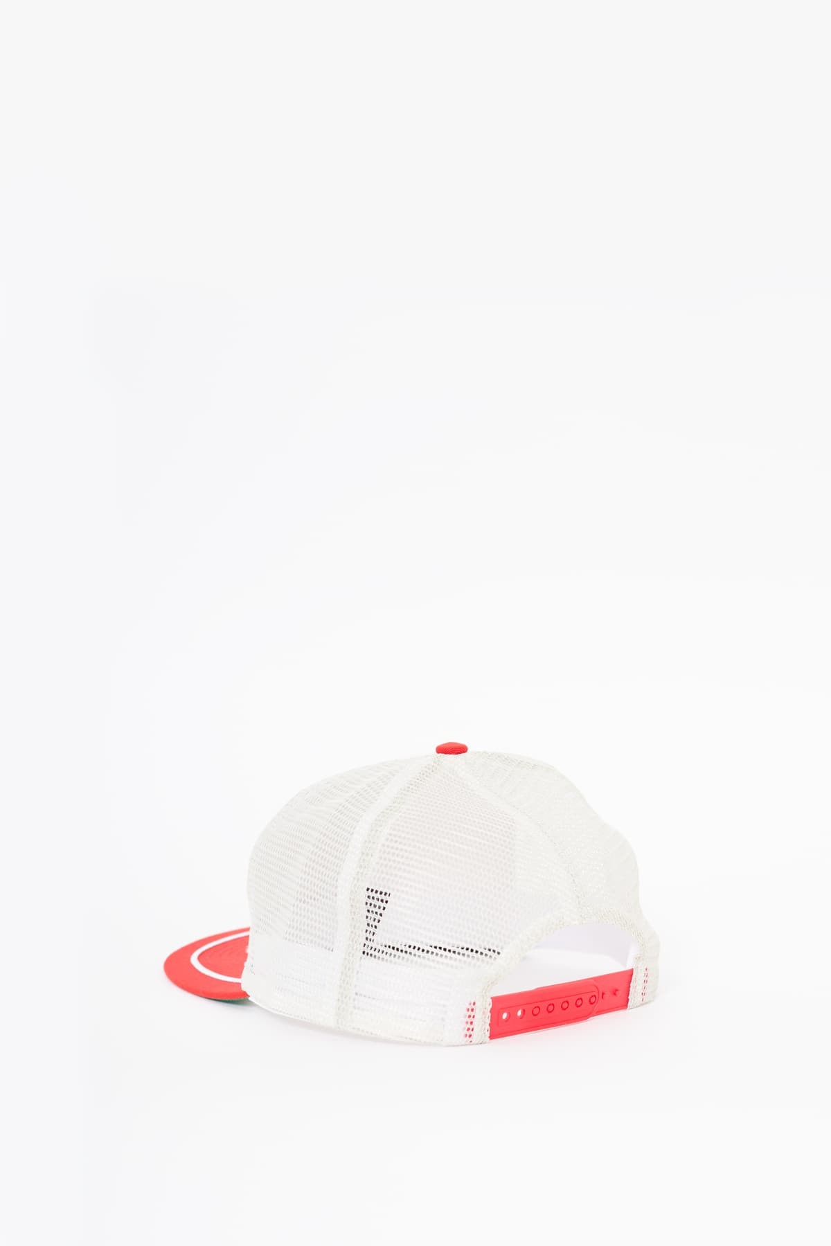 RHUDE OFF WHITE RED PATCH TRUCKER HAT | IAMNUE