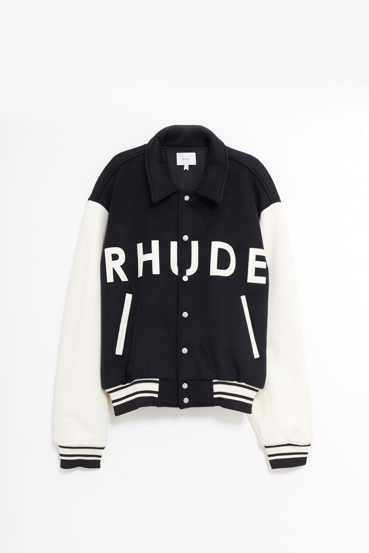 RHUDE BLACK CREAM COLLEGIATE JACKET IAMNUE