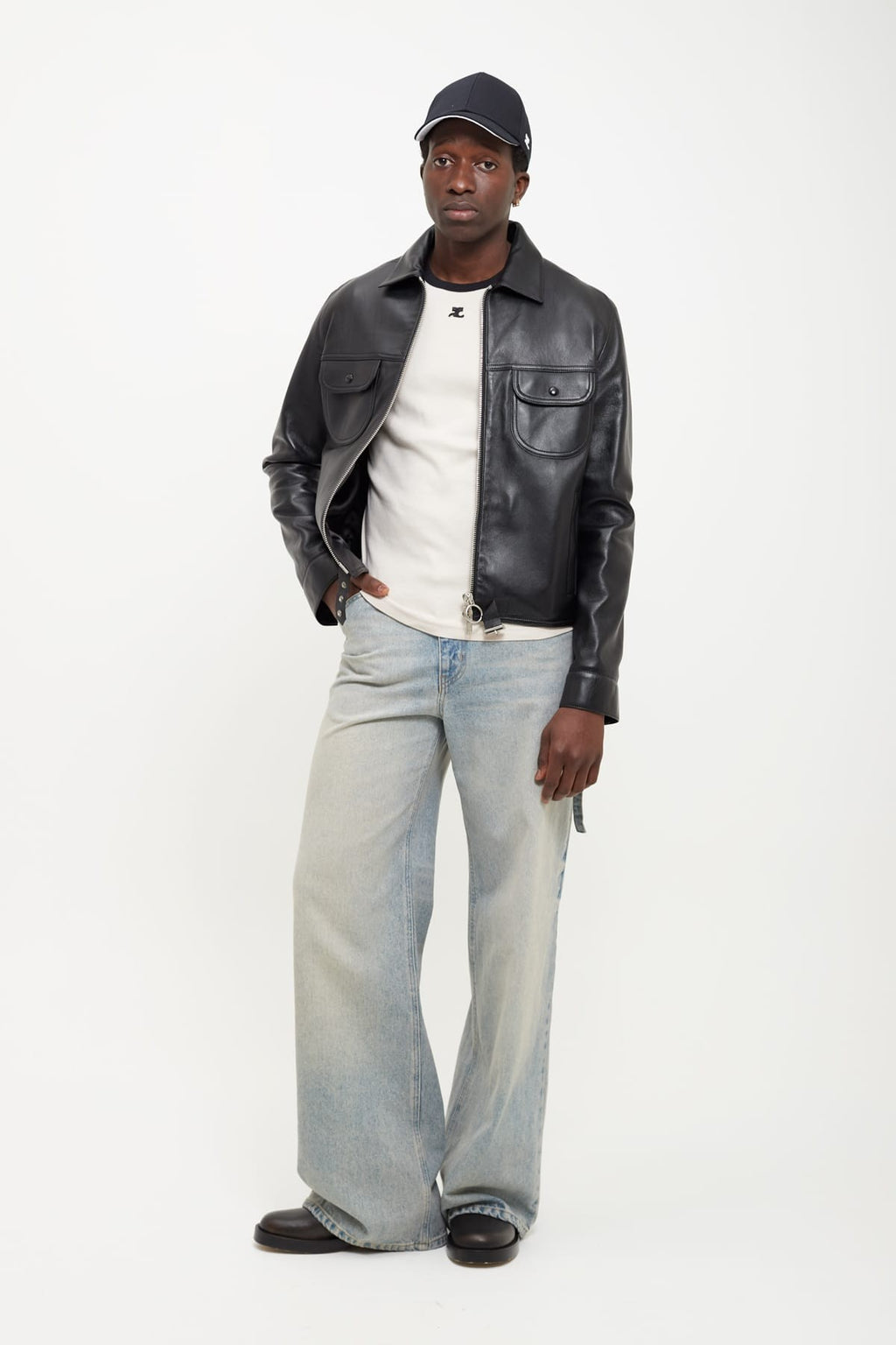 COURREGES BLACK BUCKLE VINTAGE LEATHER TRUCKER JACKET
