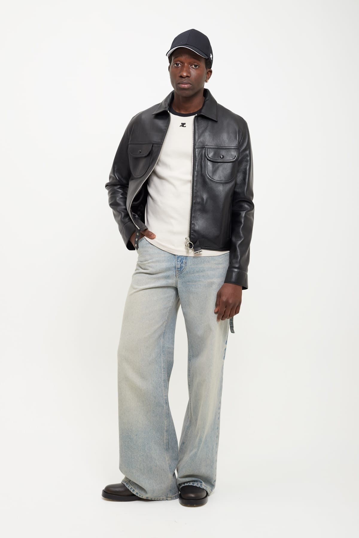 COURREGES BLACK BUCKLE VINTAGE LEATHER TRUCKER JACKET