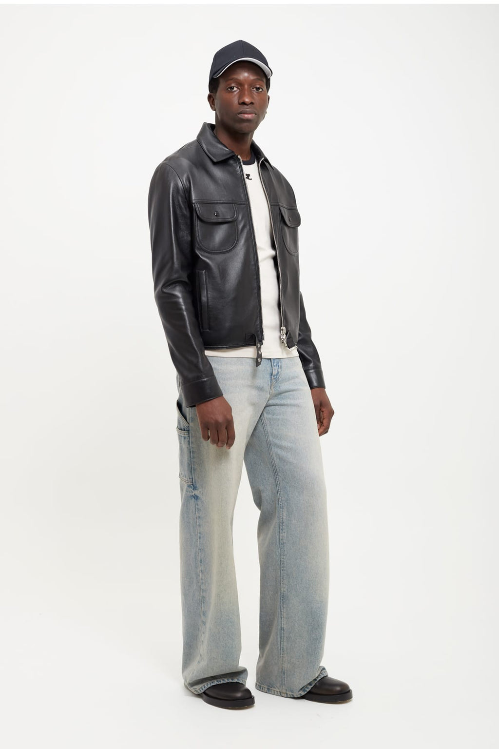 COURREGES BLACK BUCKLE VINTAGE LEATHER TRUCKER JACKET