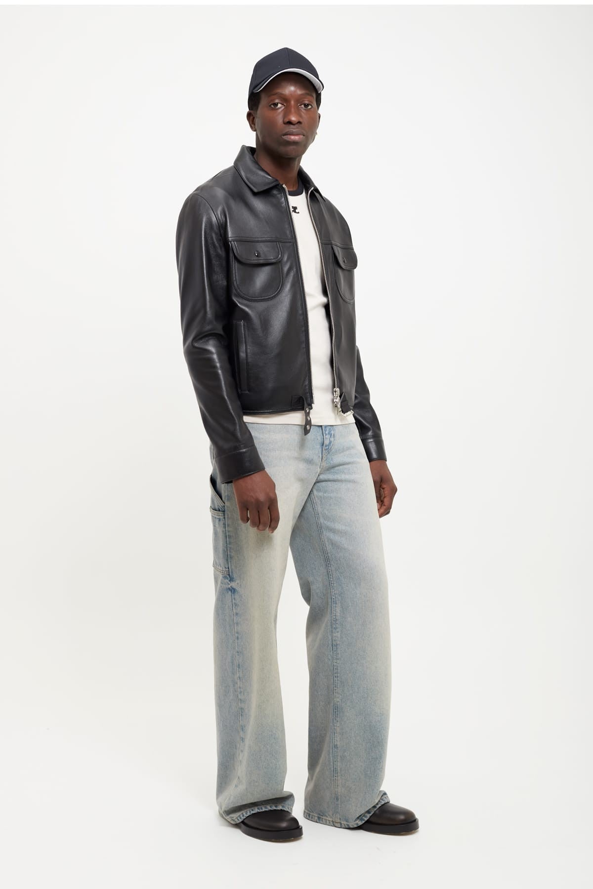 COURREGES BLACK BUCKLE VINTAGE LEATHER TRUCKER JACKET