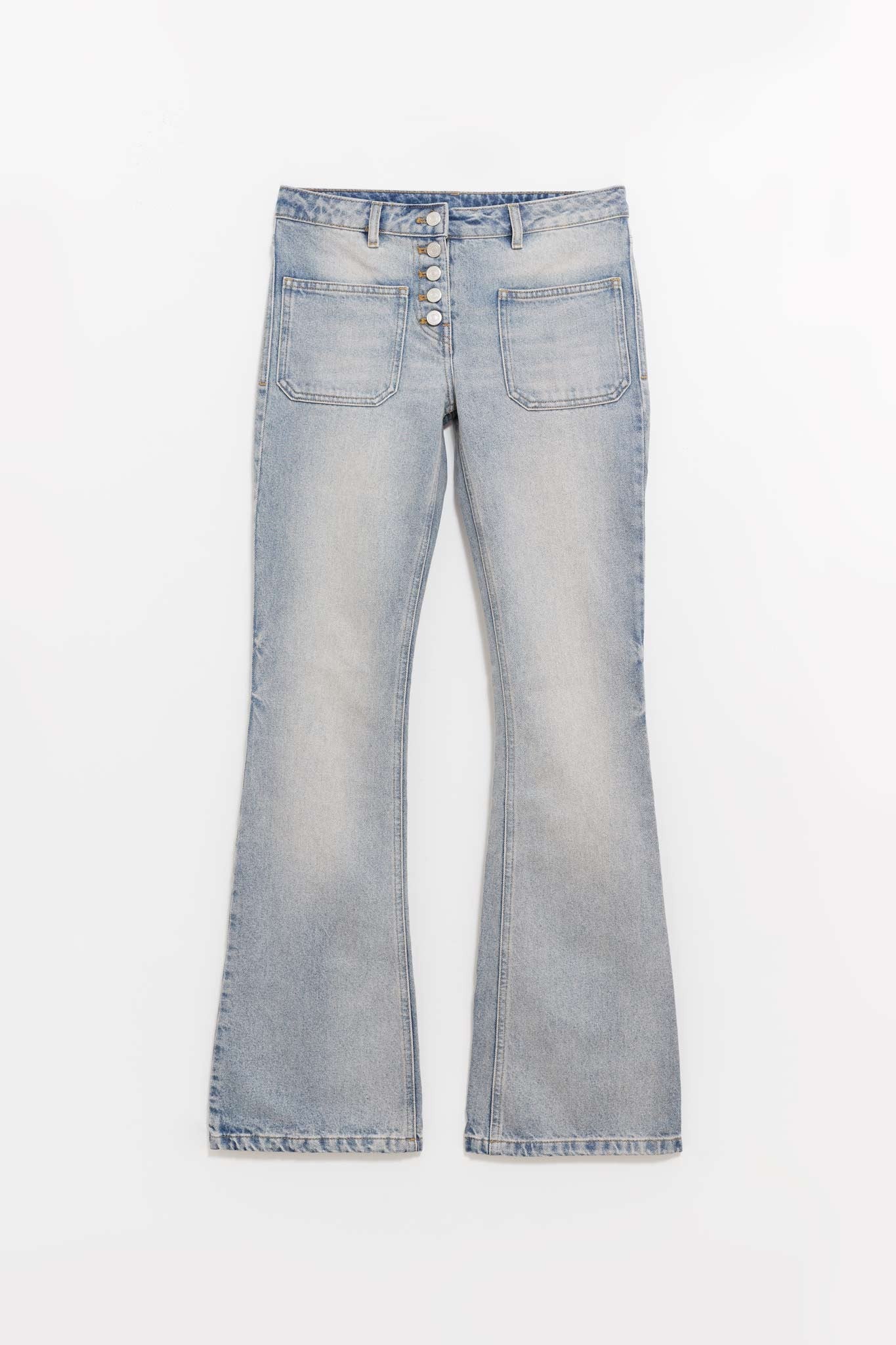 COURREGES LIGHT BLUE WASH MULTIFLEX BLUE DENIM BOOTCUT PANTS