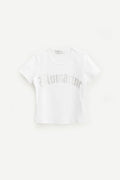 BLUMARINE WHITE RHINESTONES LOGO RIBBED T SHIRT
