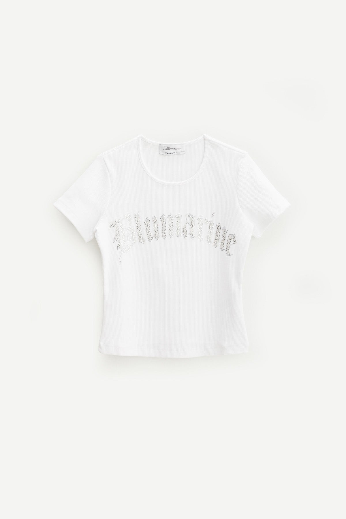 BLUMARINE WHITE RHINESTONES LOGO RIBBED T SHIRT