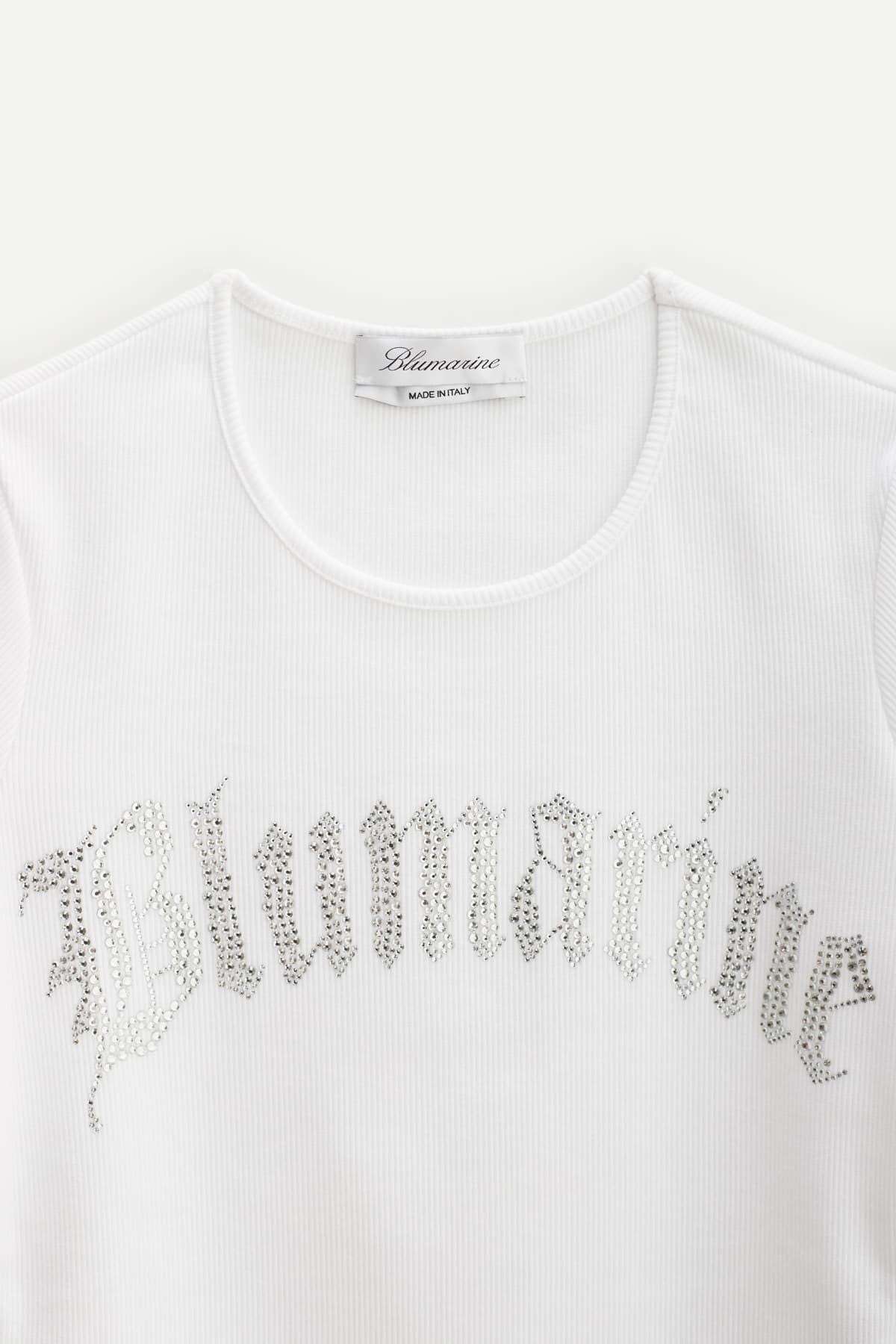 BLUMARINE WHITE RHINESTONES LOGO RIBBED T SHIRT