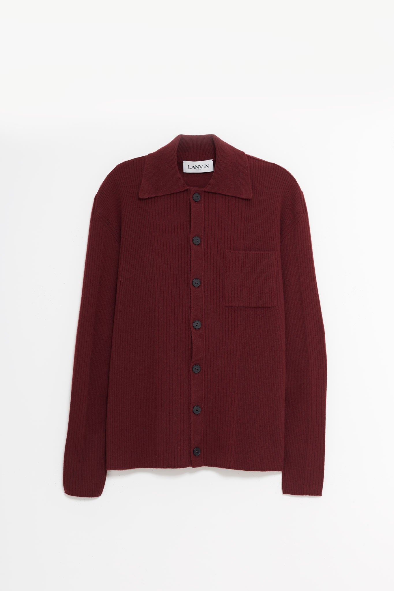 LANVIN BURGUNDY RIBBED LONGSLEEVE CARDIGAN