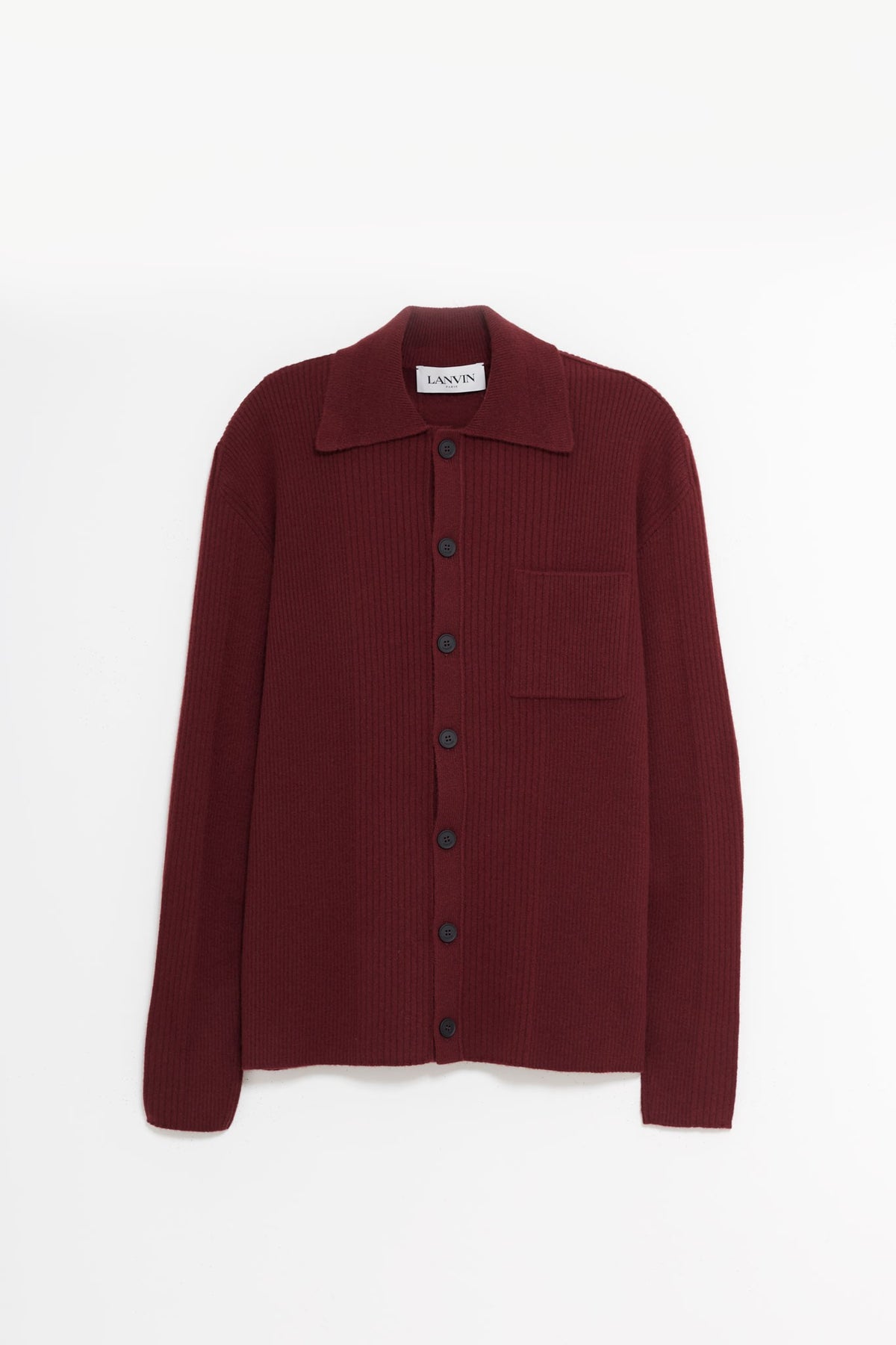 LANVIN BURGUNDY RIBBED LONGSLEEVE CARDIGAN