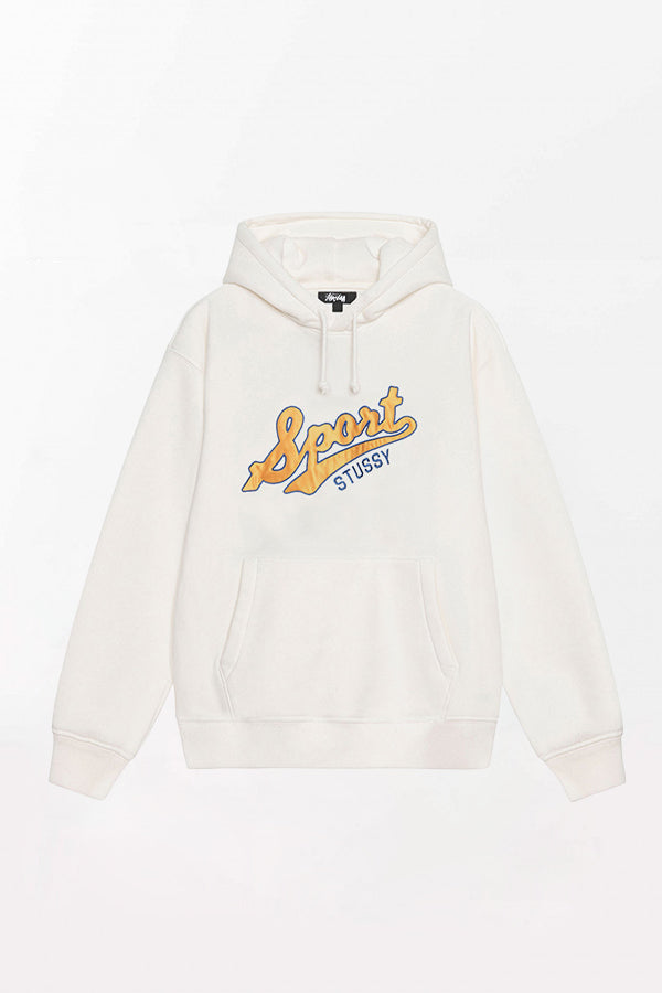 STUSSY OFF WHITE SATIN PATCH OVERSIZED HOODIE