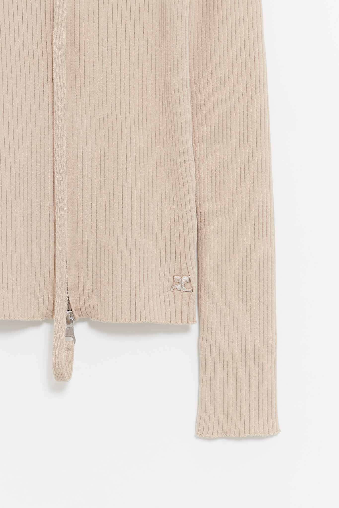 COURREGES DARK SAND DOUBLE ZIPPED RIB KNIT CARDIGAN