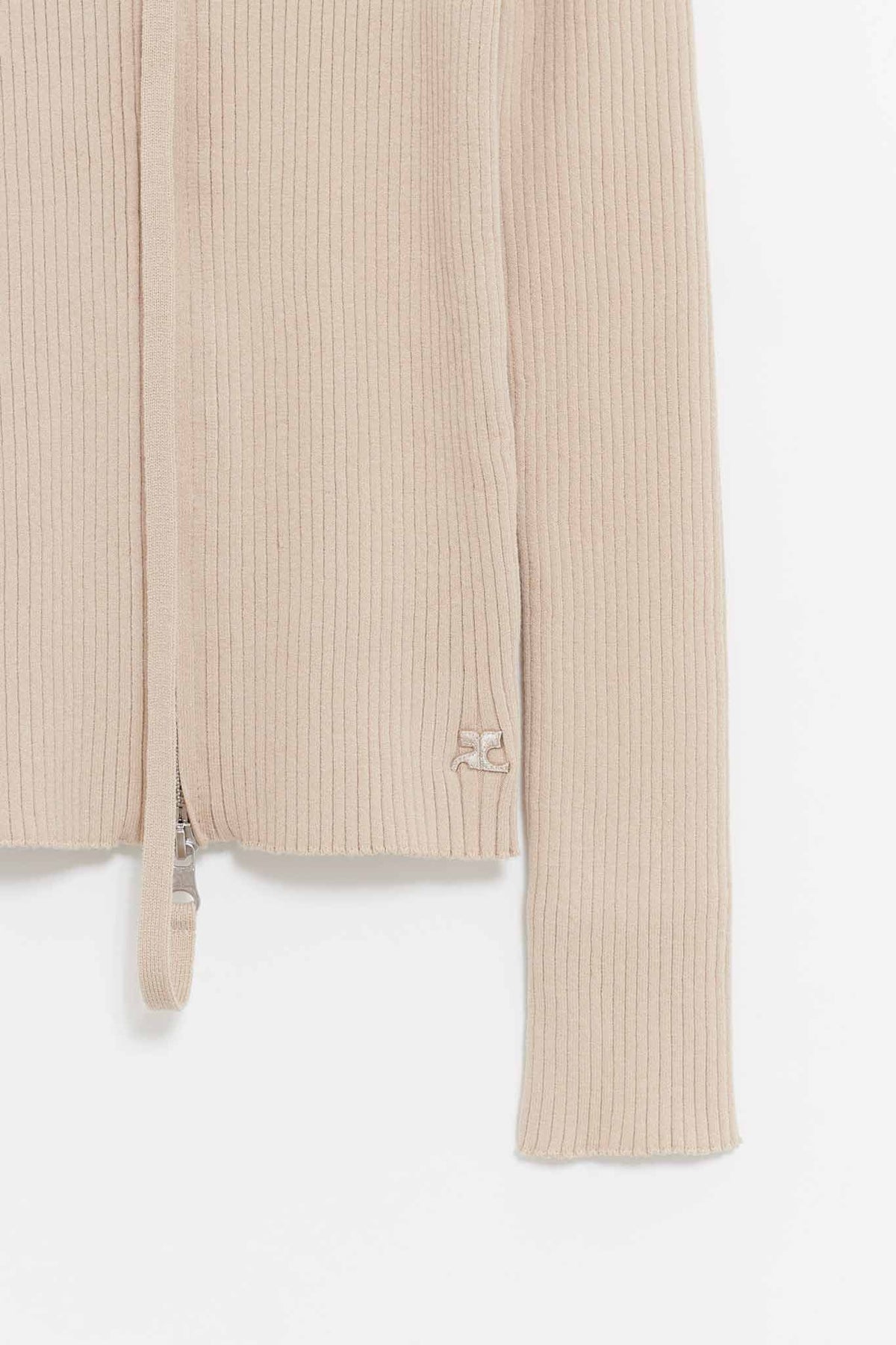 COURREGES DARK SAND DOUBLE ZIPPED RIB KNIT CARDIGAN