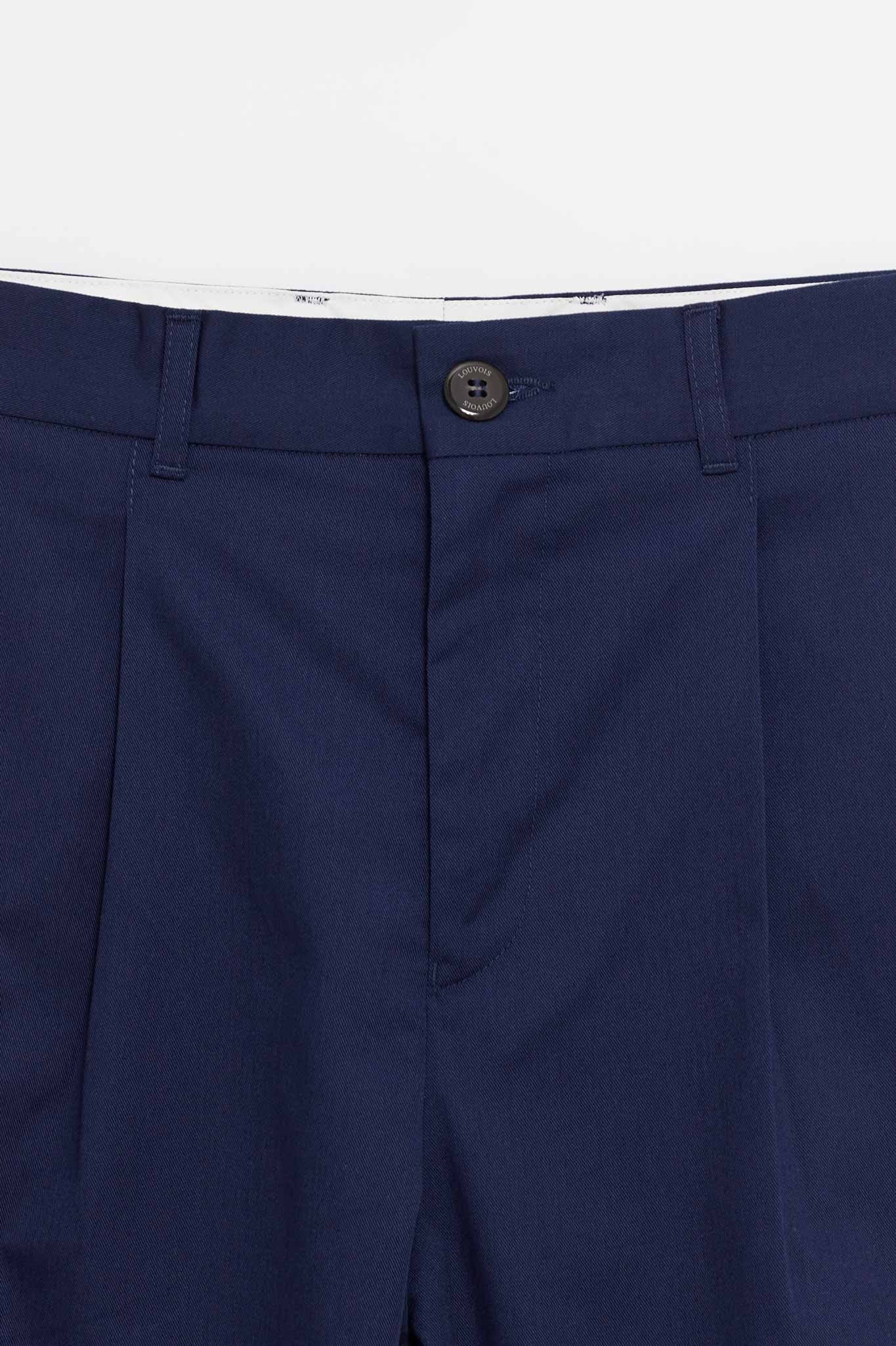 LOUVOIS NAVY PLEATED CHINO TROUSERS