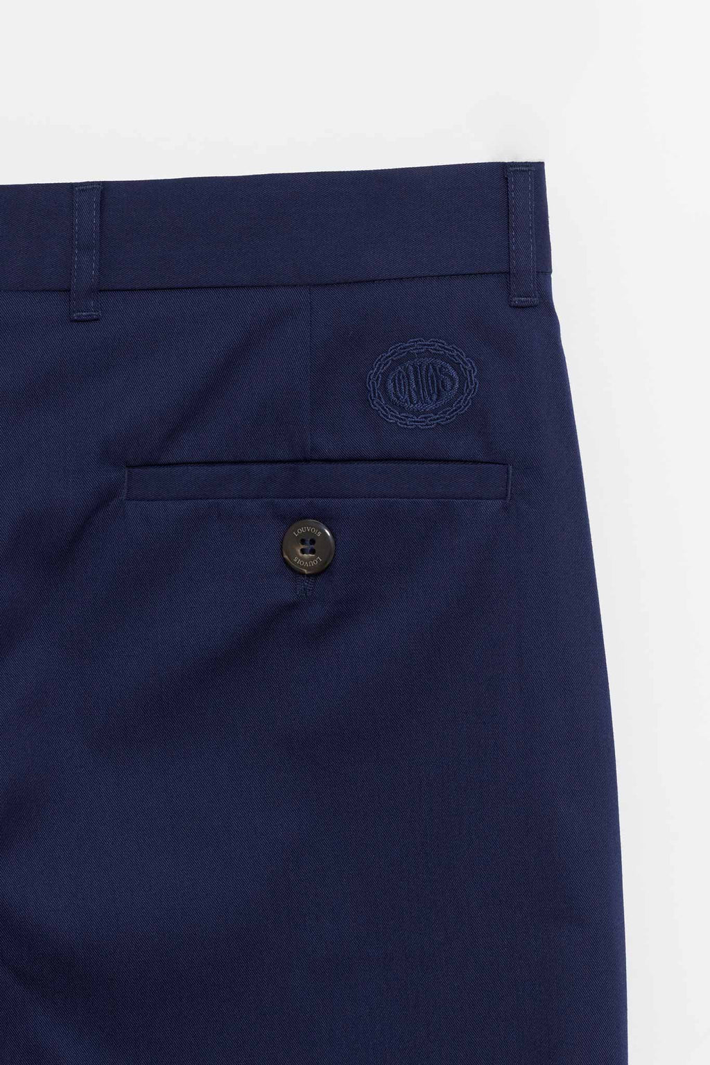 LOUVOIS NAVY PLEATED CHINO TROUSERS