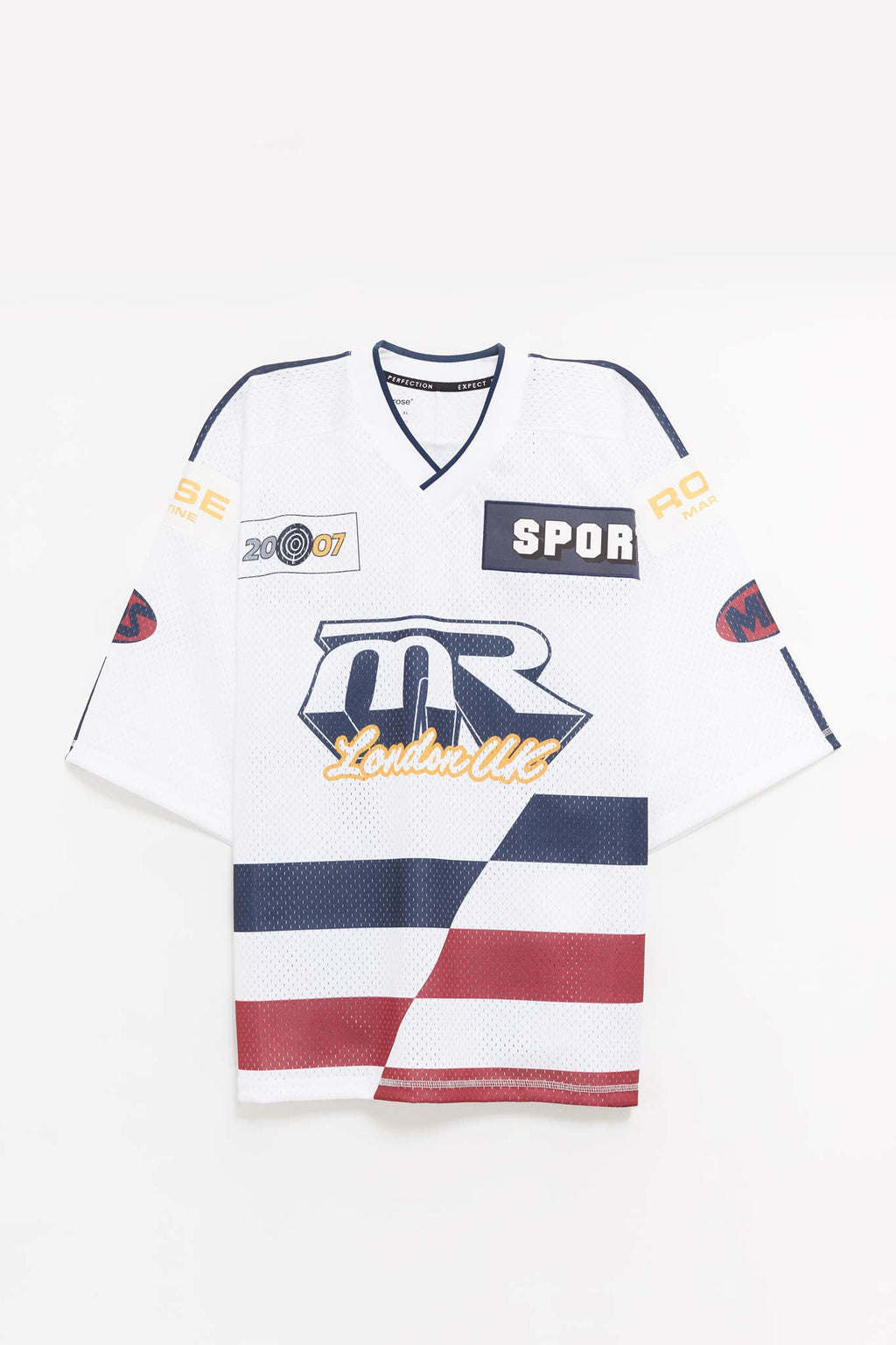 MARTINE ROSE WHITE NAVY OVERSIZED HOCKEY T SHIRT