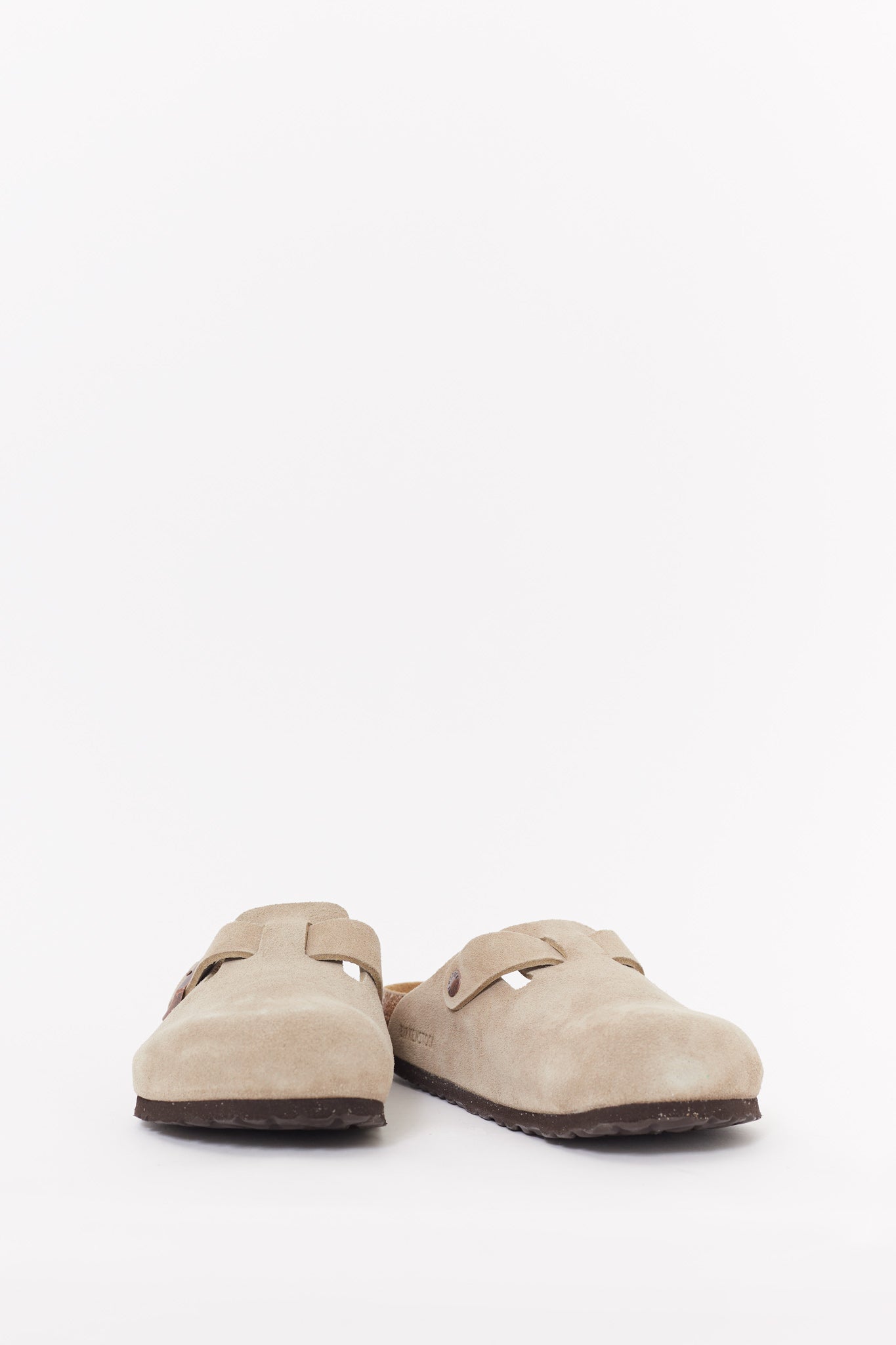 BIRKENSTOCK TAUPE BOSTON NARROW SUEDE LEATHER CLOGS