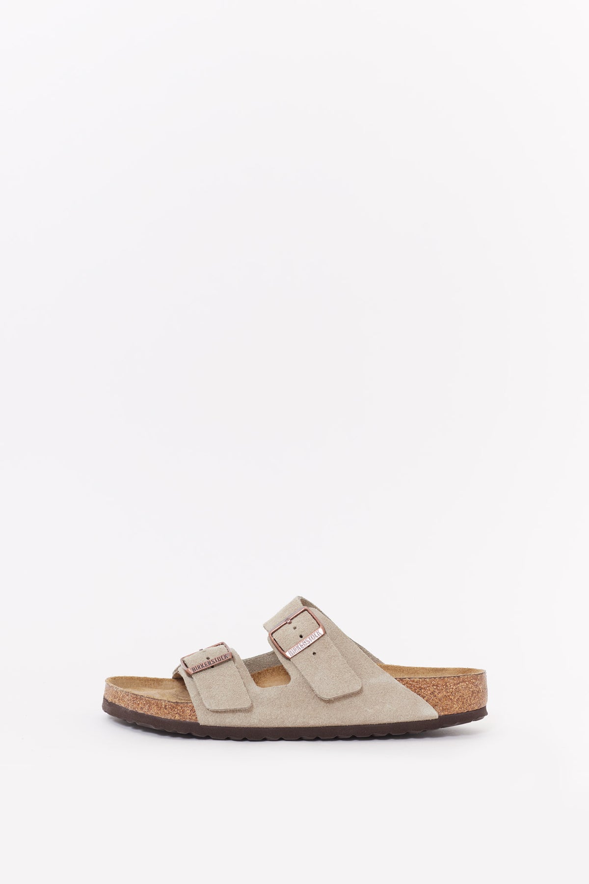 BIRKENSTOCK TAUPE ARIZONA NARROW SOFT FOOTBED SUEDE LEATHER SANDALS