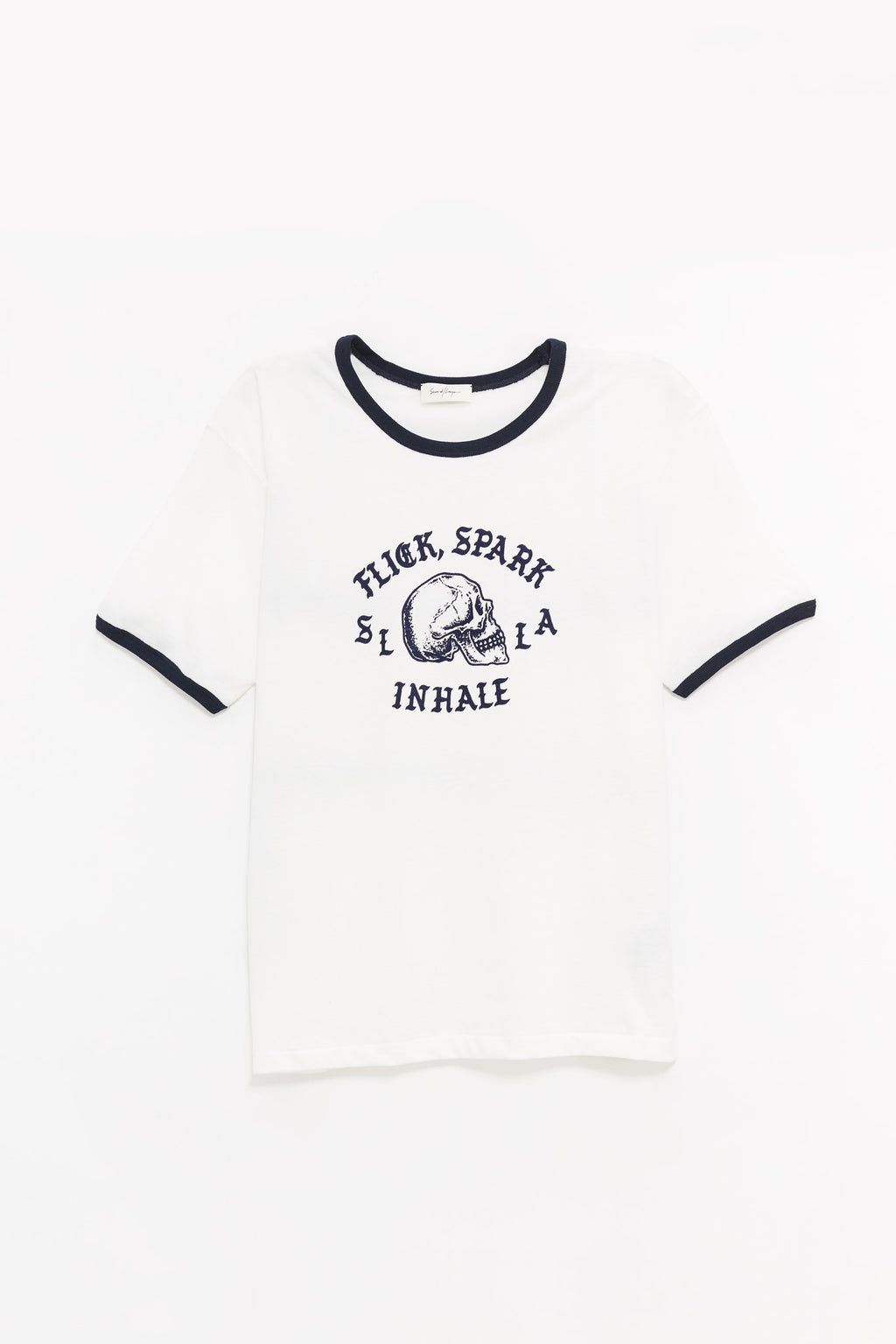 SECOND LAYER WHITE NAVY FLICK SPARK INHALE RINGER T SHIRT