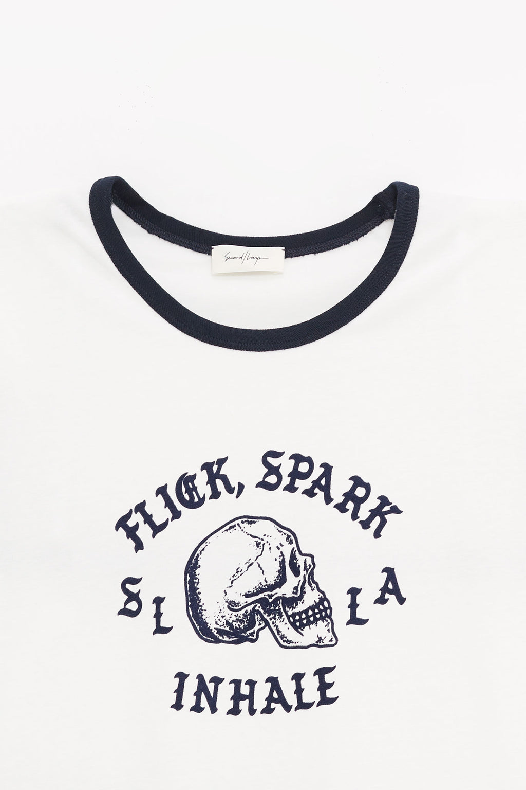 SECOND LAYER WHITE NAVY FLICK SPARK INHALE RINGER T SHIRT