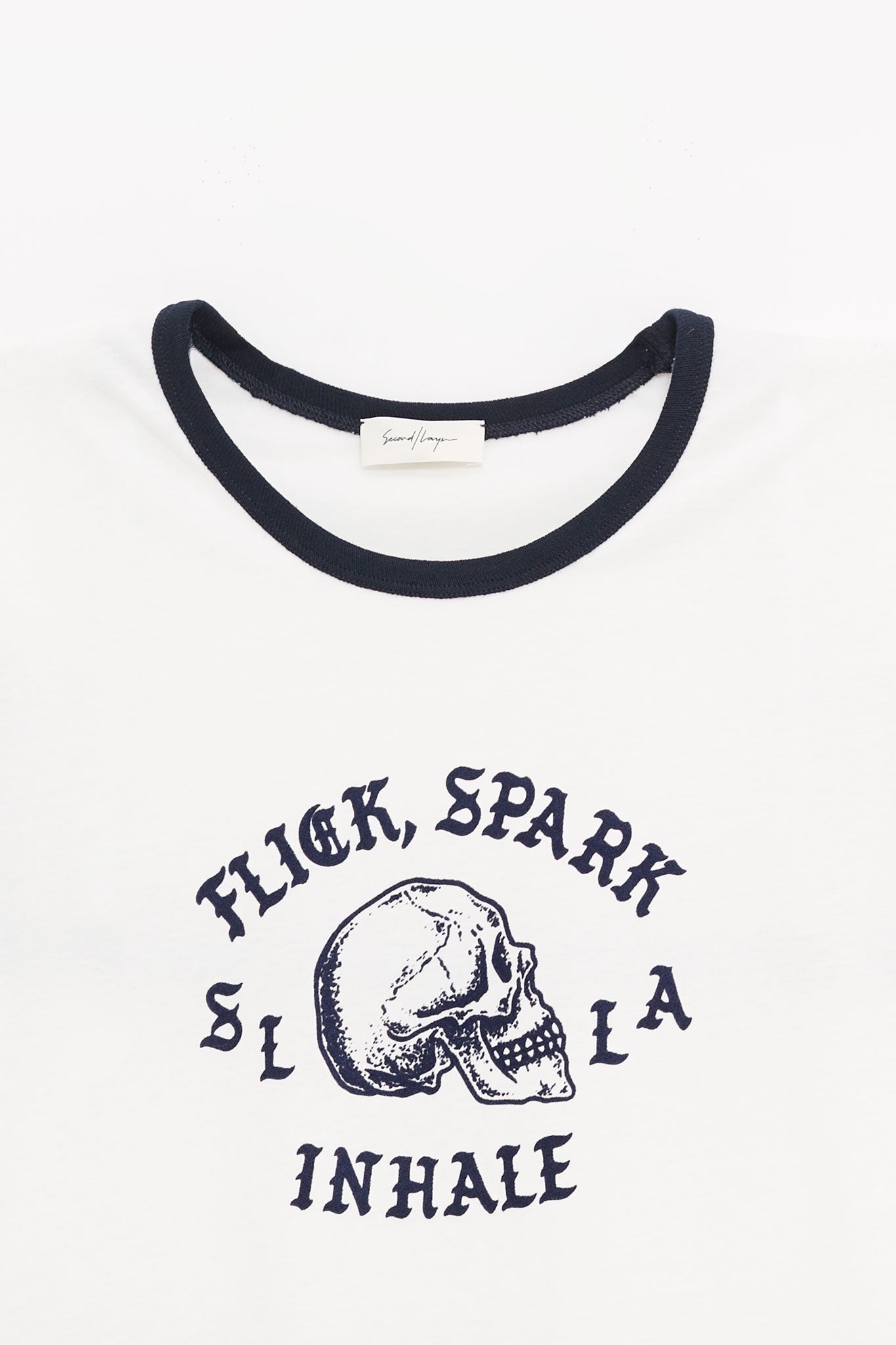SECOND LAYER WHITE NAVY FLICK SPARK INHALE RINGER T SHIRT