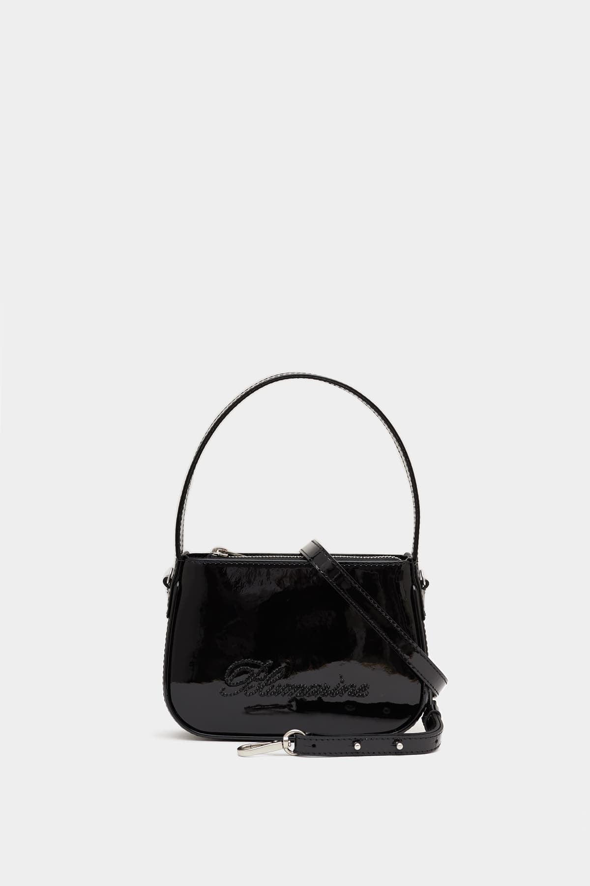 BLUMARINE BLACK PATENT LEATHER RHINESTONE LOGO MINI BAG