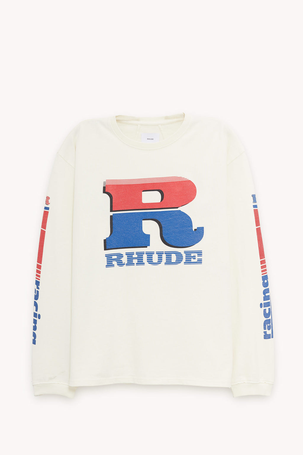 RHUDE VINTAGE WHITE SPLIT PETROL LOGO LS T SHIRT