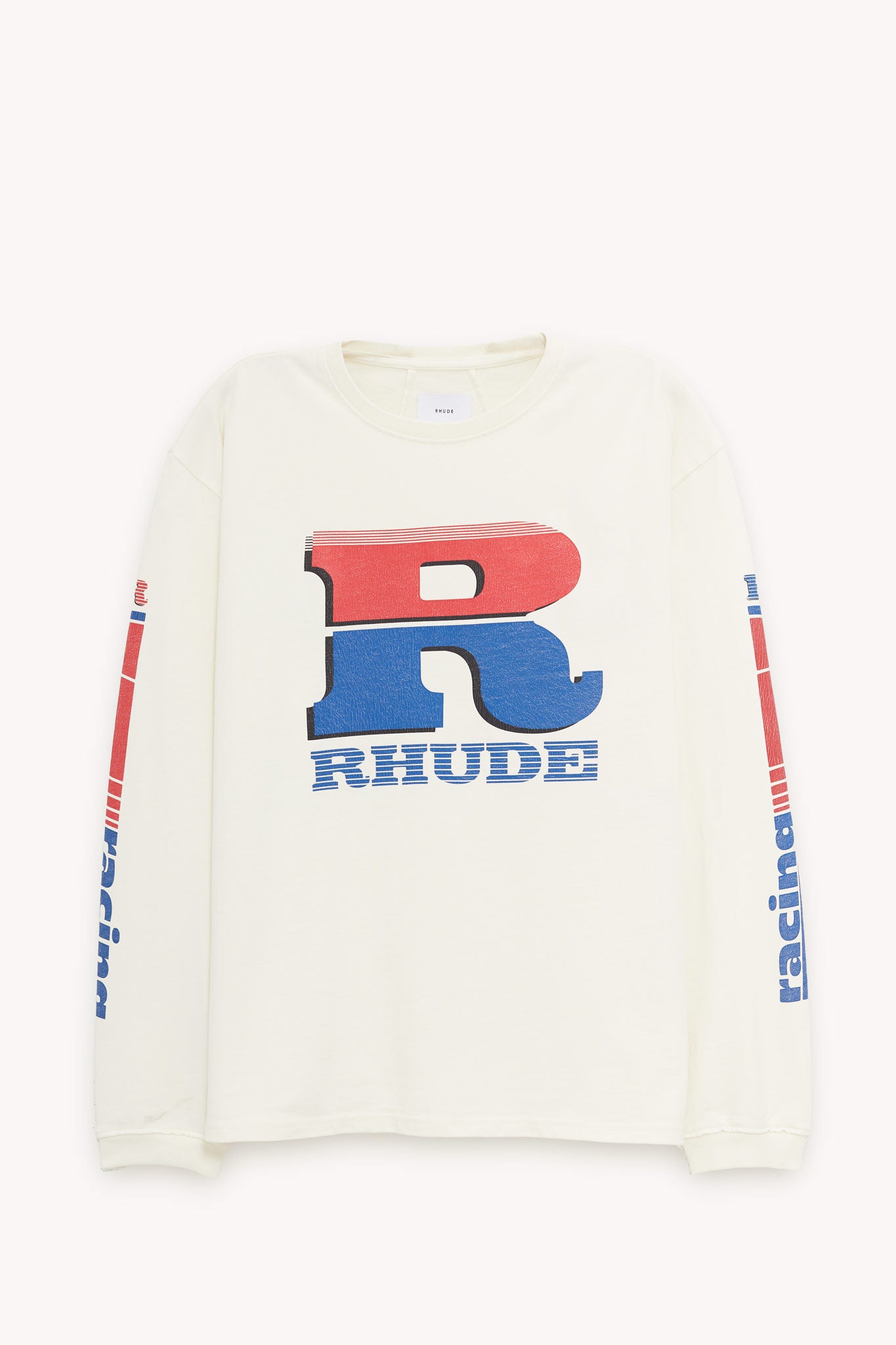 RHUDE VINTAGE WHITE SPLIT PETROL LOGO LS T SHIRT